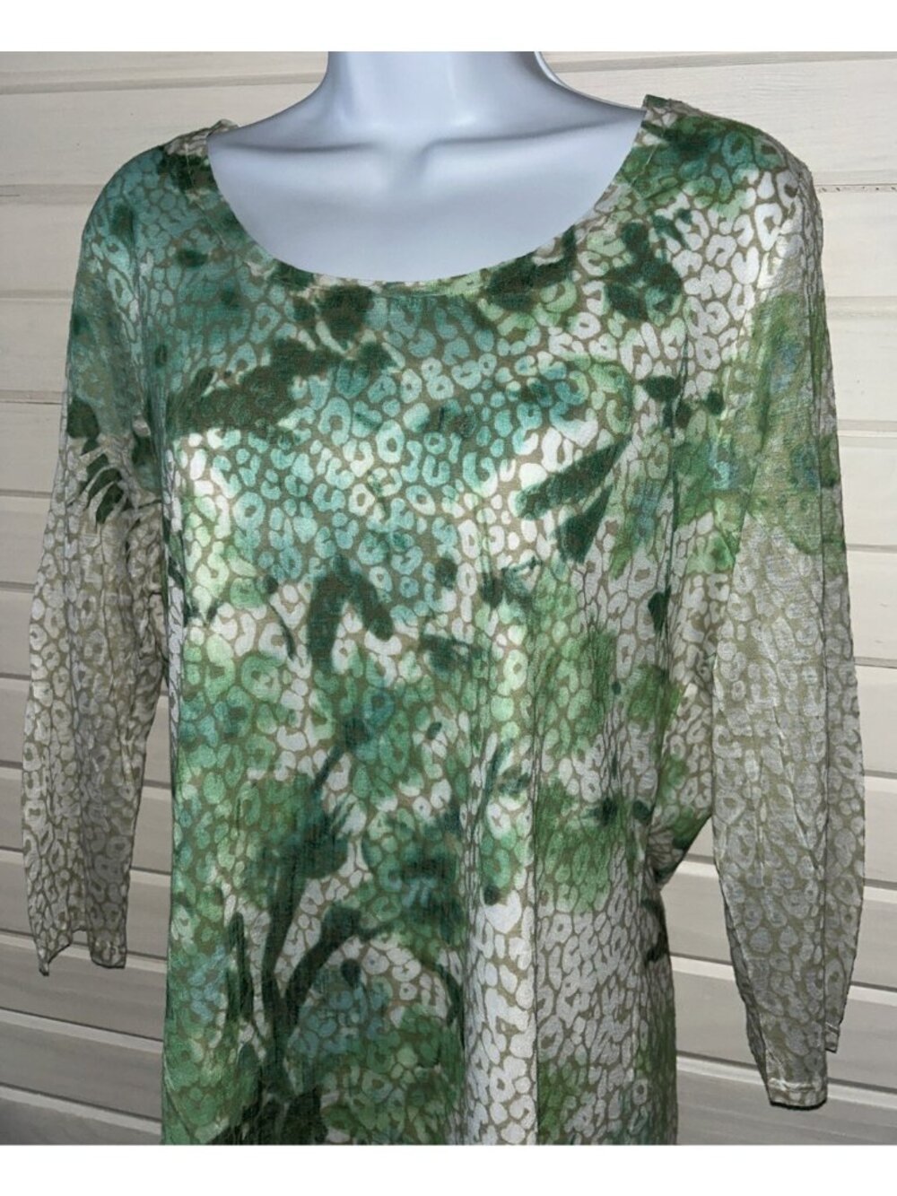 Coldwater Creek Sz LARGE (14) Floral Leopard Burnout Knit Tunic 3/4 Sleeve EUC
